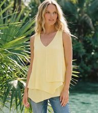 Lightweight sleeveless layered tank with V-neck and asymmetrical hem in soft rayon gauze