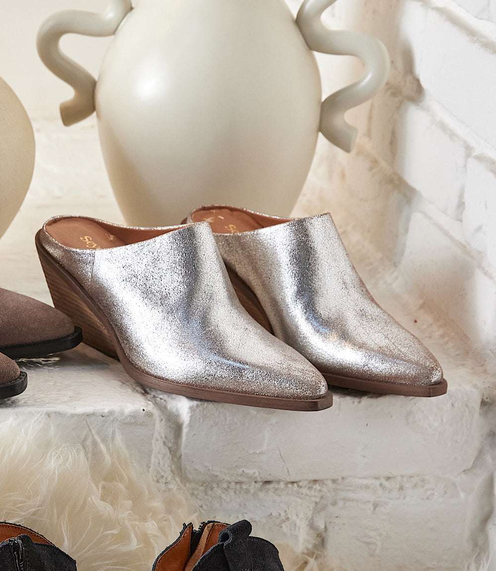 Seychelles Morning Joe mule boots in pewter suede with pointed toe and stacked heel slip-on design