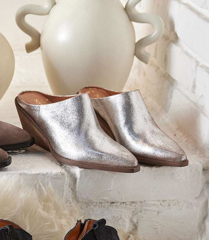 Seychelles Morning Joe mule boots in pewter suede with pointed toe and stacked heel slip-on design