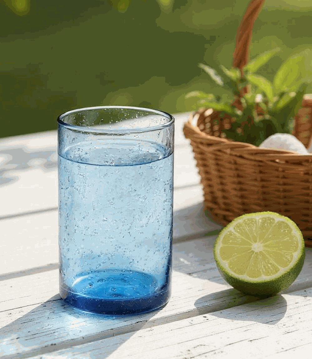 Tall blue bubble drinking glass filled with water on a white wooden table next to a lime half and a wicker basket outdoors