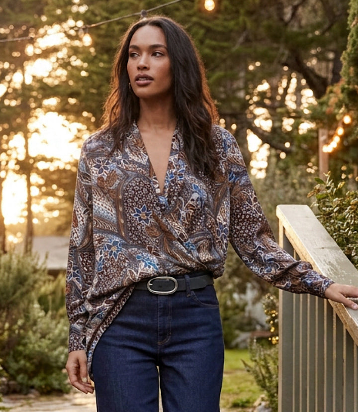 Long Sleeve Contrast Double Layer Wrap Top