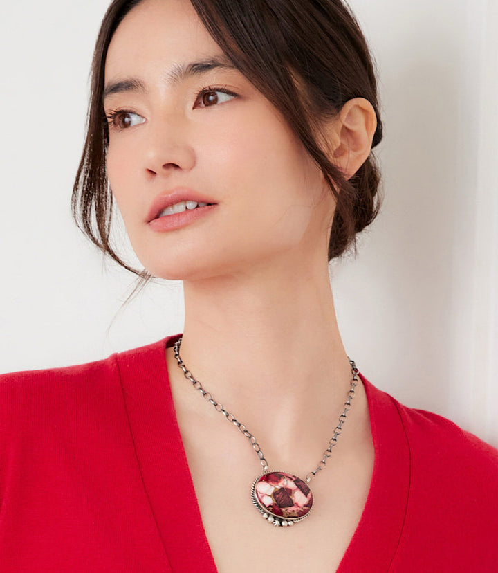 Rose Dahlia Oval Pendant Necklace