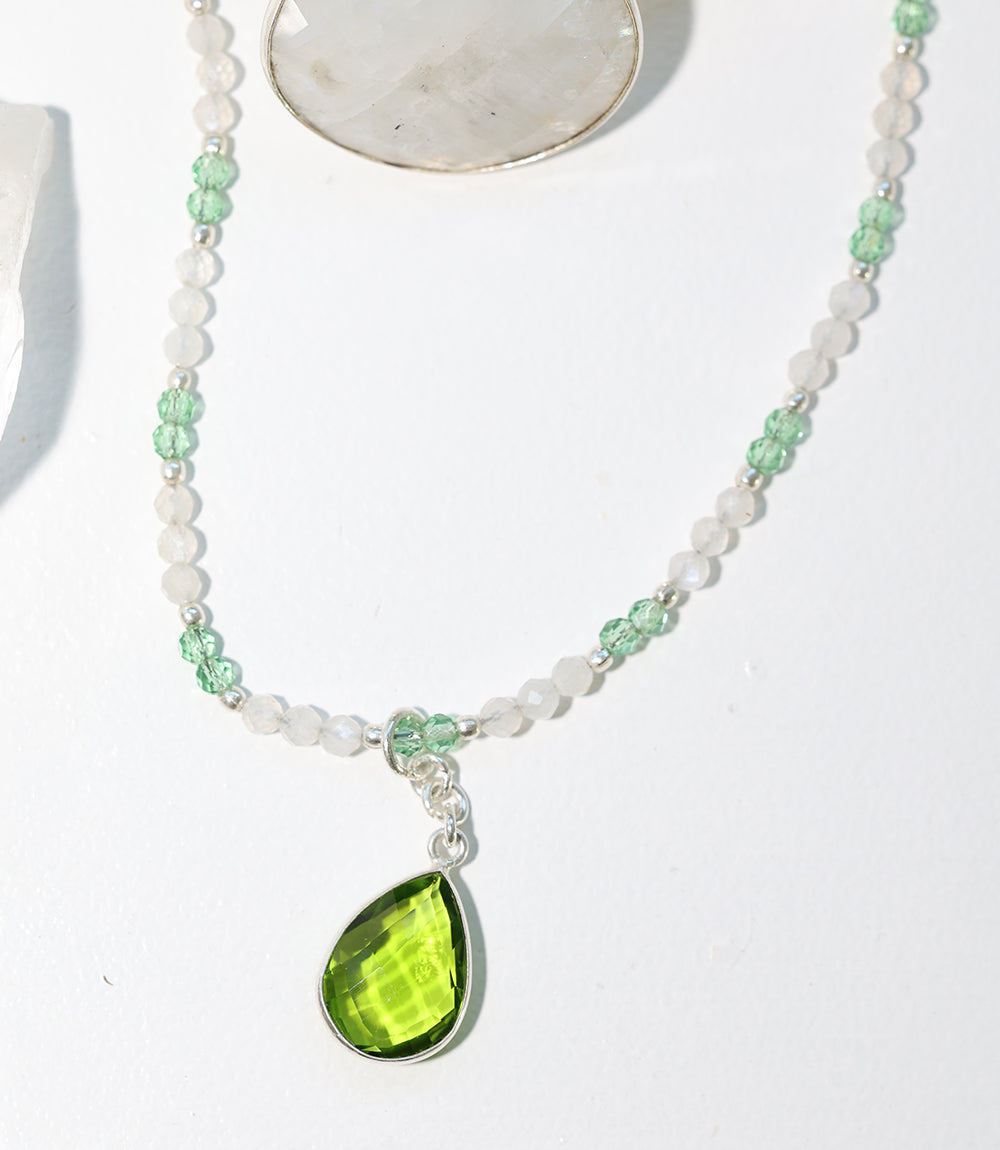 Beaded Moonstone And Peridot Pendant Necklace