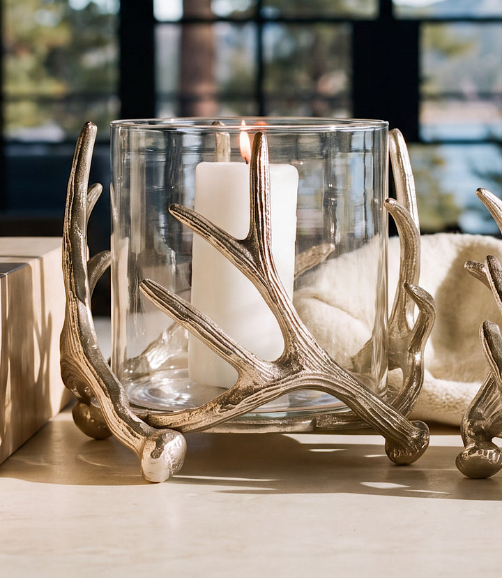 Large Silver Antler Hurricane Candleholder