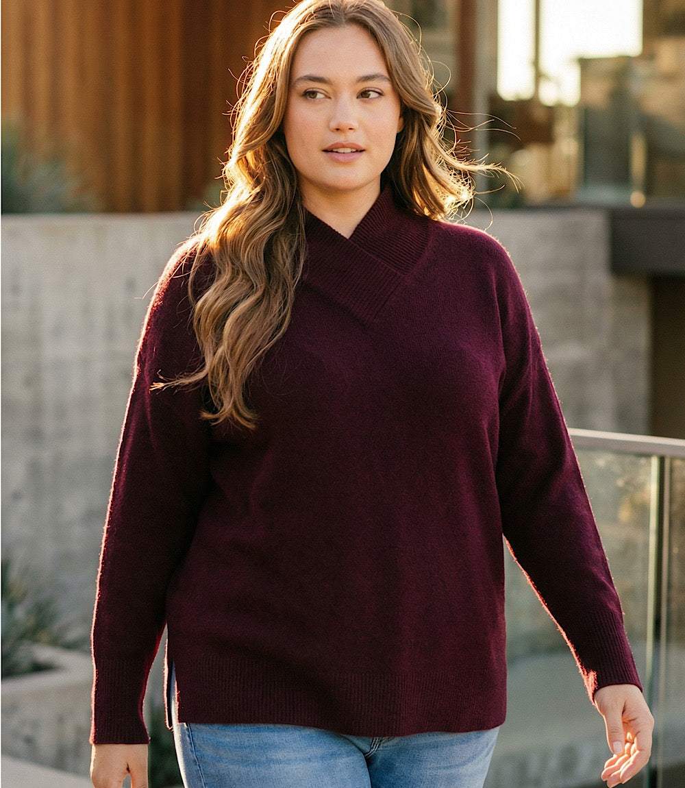 Plus size shawl collar sweater with relaxed fit and drop shoulder sleeves