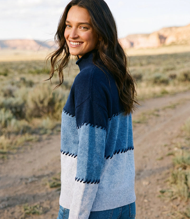 Contrast Stitch Mock Neck Colorblock Sweater
