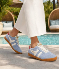 Gola Elan Classic Sneakers in air blue suede with off-white accents and coral heel tab, lace-up with vintage gum sole