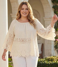 Plus size cutout embroidery peasant top with flare sleeves and scalloped hem