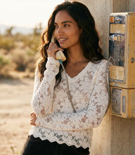 Petite Size Long Sleeve Floral Burnout V-Neck Top