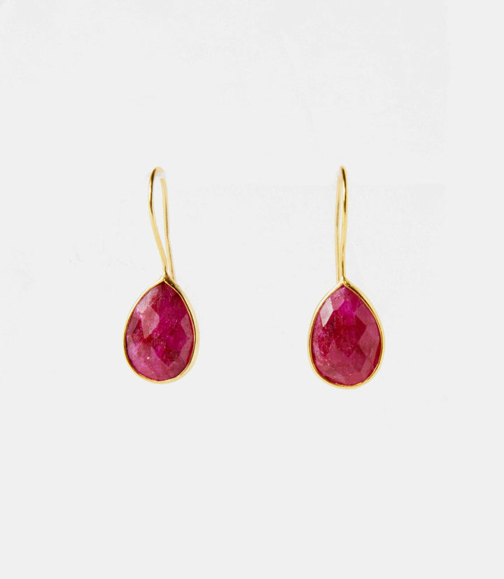 Pair of ruby gemstone teardrop earrings with 18 ct. gold plated silver hooks, faceted red sillimanite stones.