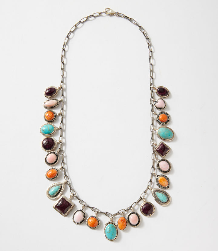 Dangling Turquoise, Spiny Oyster, and Pink Conch Necklace
