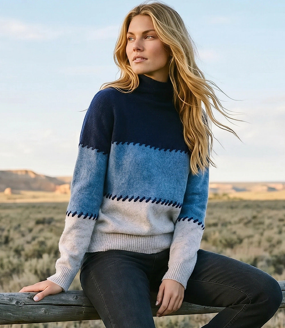 Petite Size Contrast Stitch Mock Neck Colorblock Sweater