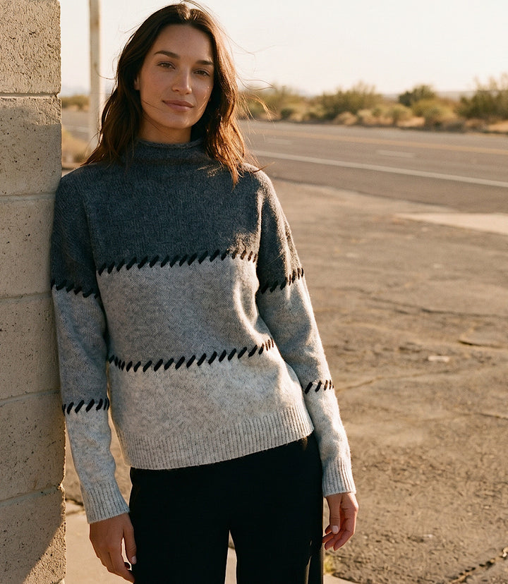 Contrast Stitch Mock Neck Colorblock Sweater
