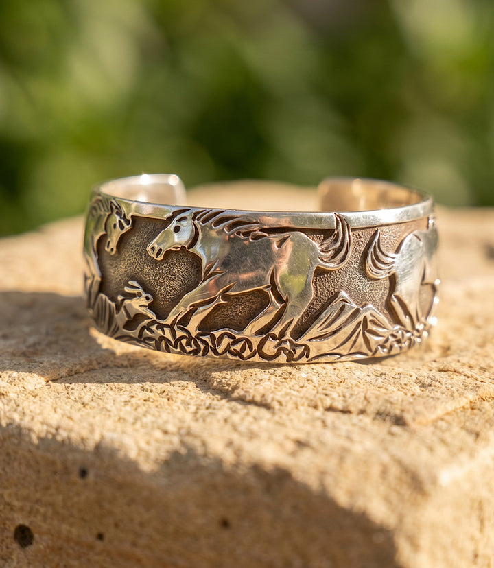 Horse Engraved Sterling Silver Cuff Bracelet
