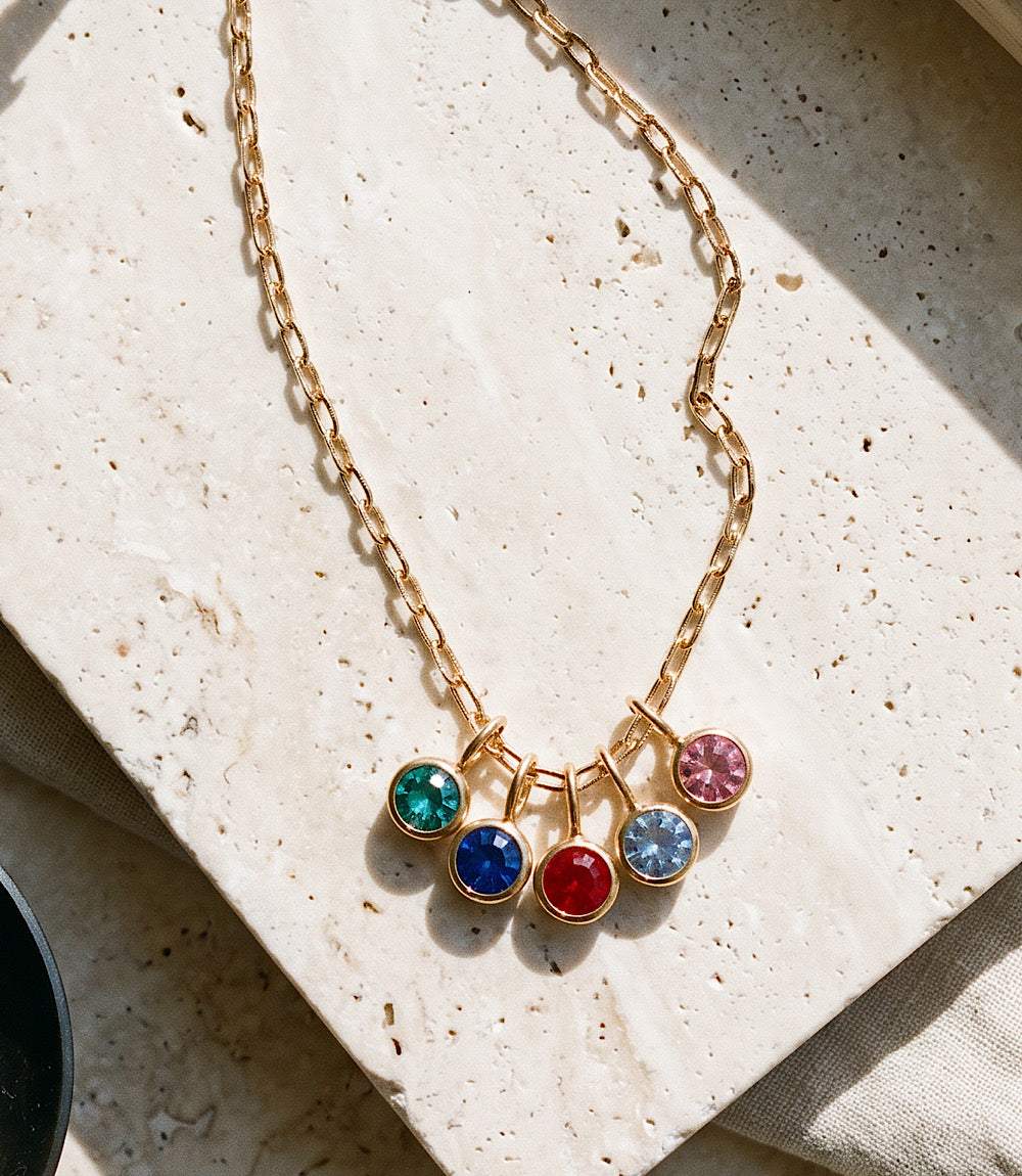 Five Gem Charm Necklace gold-toned with vibrant colorful gem charms on sleek chain with lobster clasp