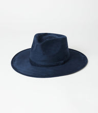 Navy Vegan Suede Rancher Hat with teardrop crown and stiff brim made from polyester vegan suede
