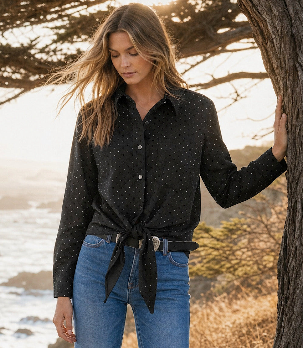Faux Suede Long Sleeve Embellished Tie-Front Shirt