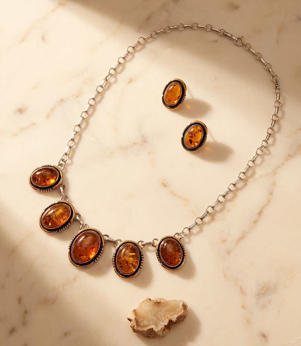 Vintage Amber Station Necklace And Earring Set