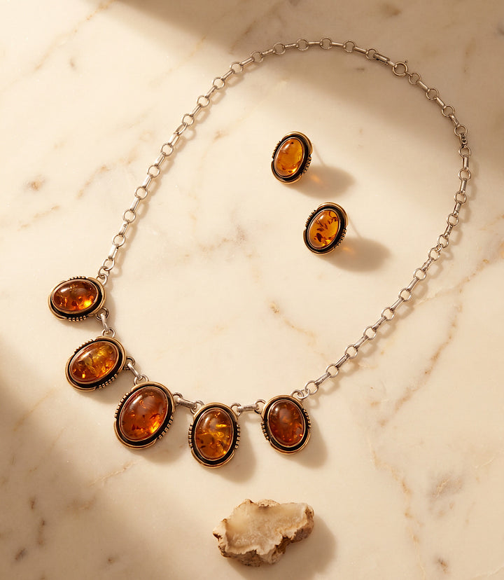Vintage Amber Station Necklace And Earring Set