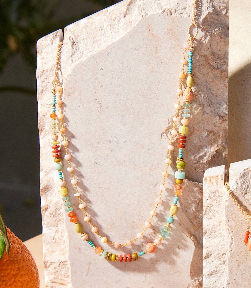 Mixed Gemstone Multistrand Necklace with red jasper, amazonite, turquoise, and matte gold plated brass clasp