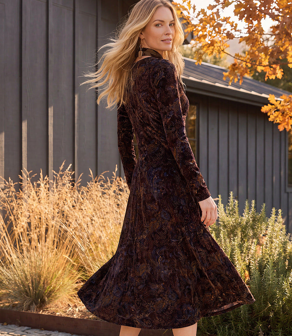 Long Sleeve Velvet Burnout Midi Dress