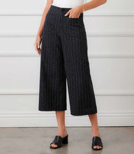 Stripe cropped wide-leg pants in uneven stripe stretch twill with front and back pockets and button zipper closure