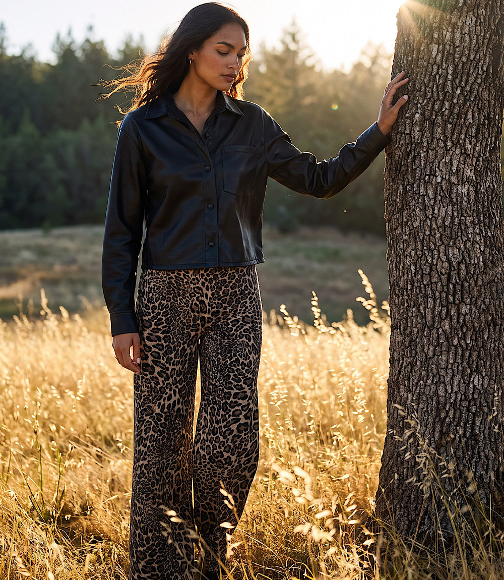 Faux Leather Long Sleeve Button-Up Shirt