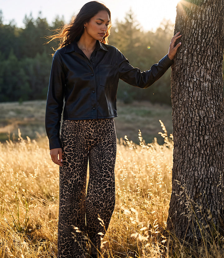 Faux Leather Long Sleeve Button-Up Shirt