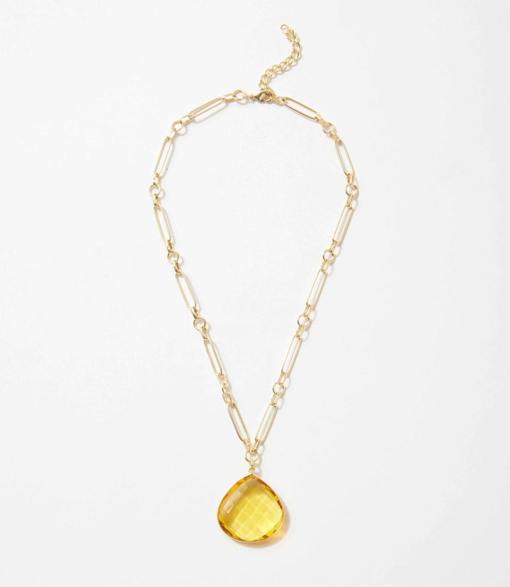 Gold chain necklace with a faceted yellow citrine quartz pendant