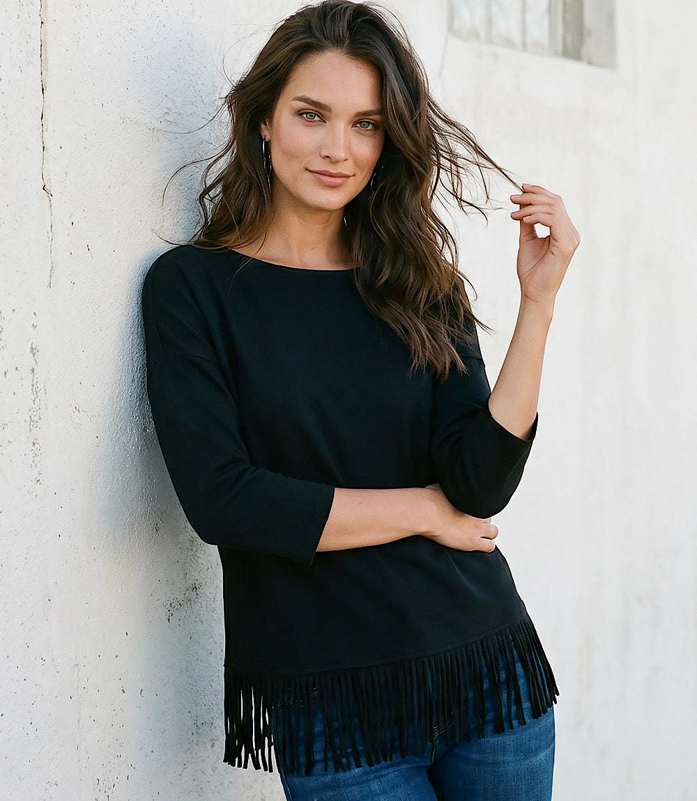 3/4 Sleeve Fringe Boatneck Top