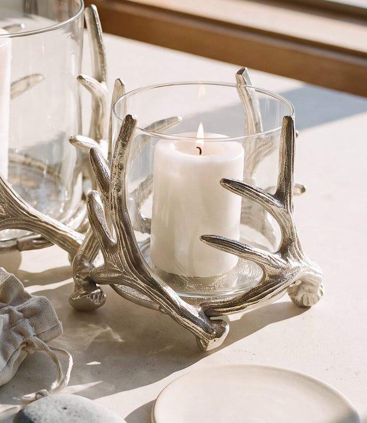 Small Silver Antler Hurricane Candleholder