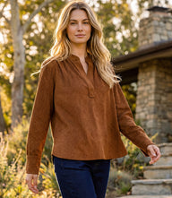 Faux Suede Embellished Half-Placket Shirt