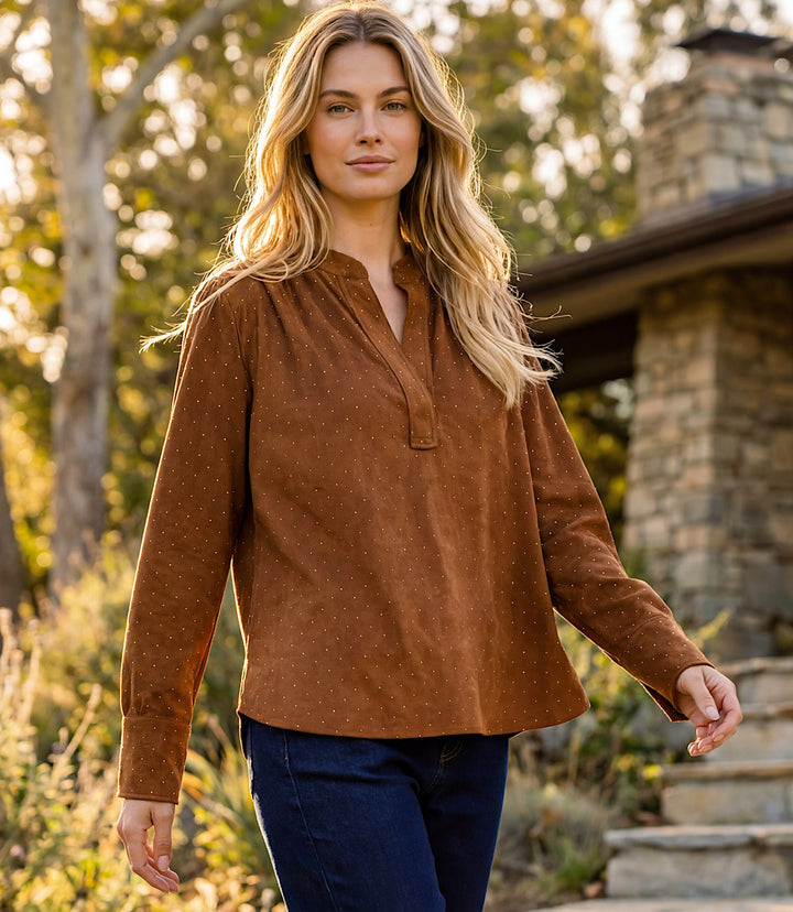 Petite Size Faux Suede Embellished Half-Placket Shirt