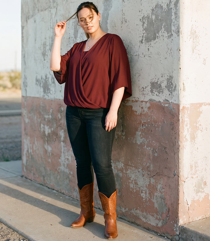 Plus Size Bracelet Sleeve Drape Front Crossover Top