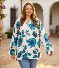 Plus size keyhole tunic top with side-slit sleeves in vibrant Wild Rose crepe print