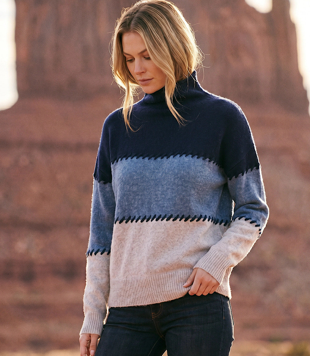 Petite Size Contrast Stitch Mock Neck Colorblock Sweater