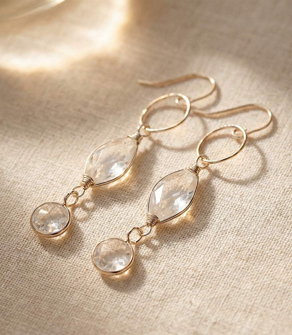 Blush Rose Quartz Earrings with pale pink stones and sterling silver setting, lightweight and elegant jewelry for women