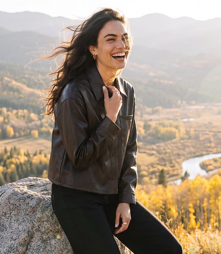 Faux Leather Long Sleeve Button-Up Shirt