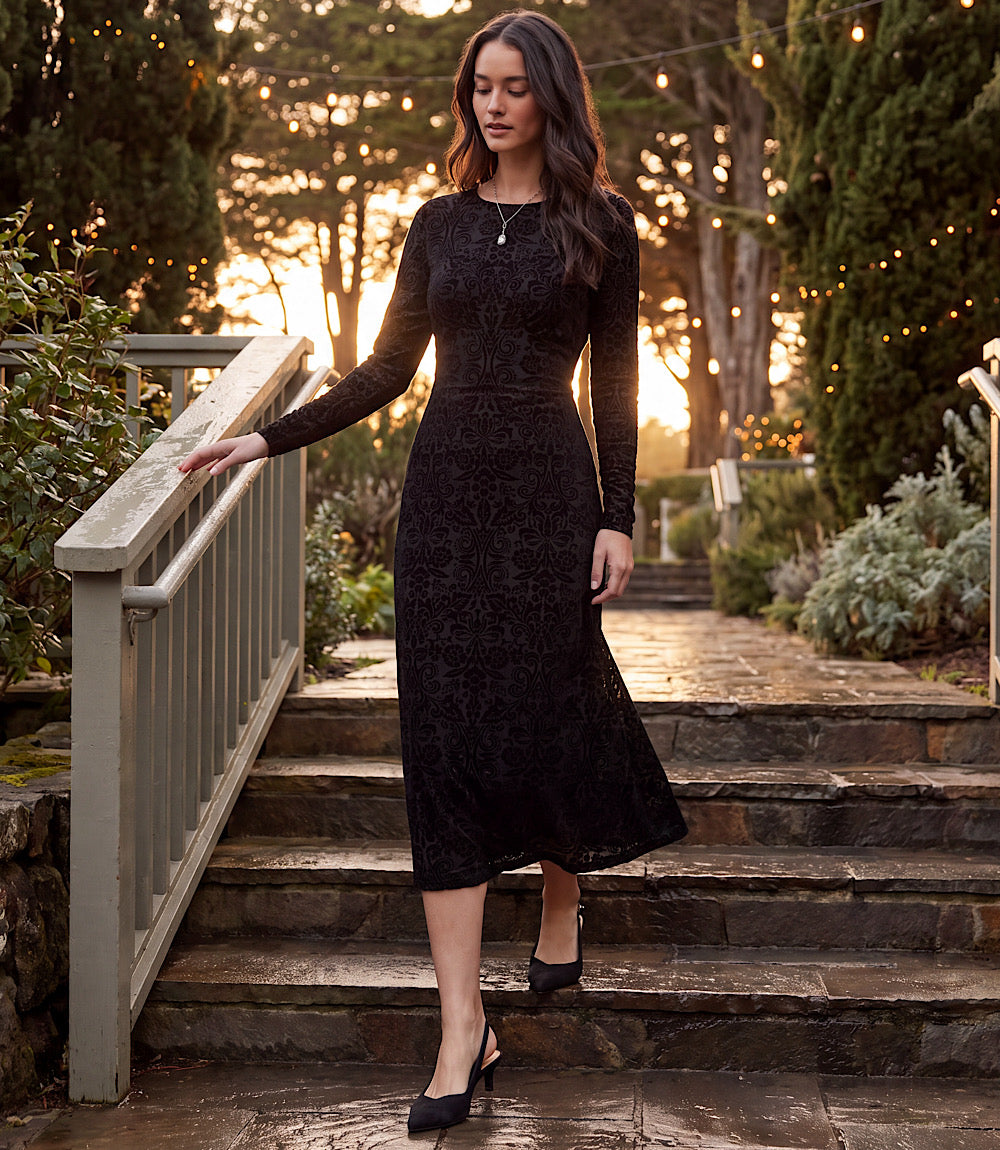 Long Sleeve Velvet Burnout Midi Dress