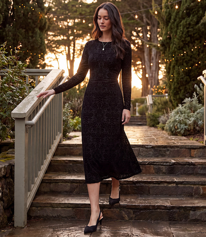Long Sleeve Velvet Burnout Midi Dress