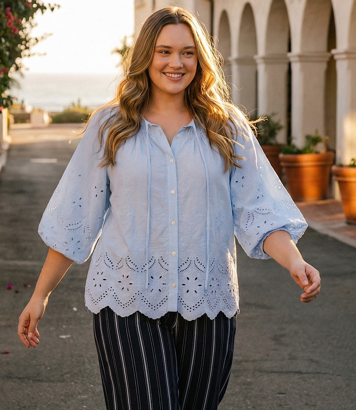Plus Size Puff Sleeve Embroidered Top