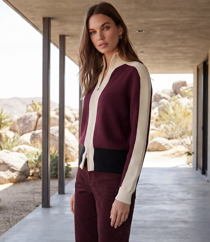 Petite Size Colorblock Zip-Up Cardigan Sweater