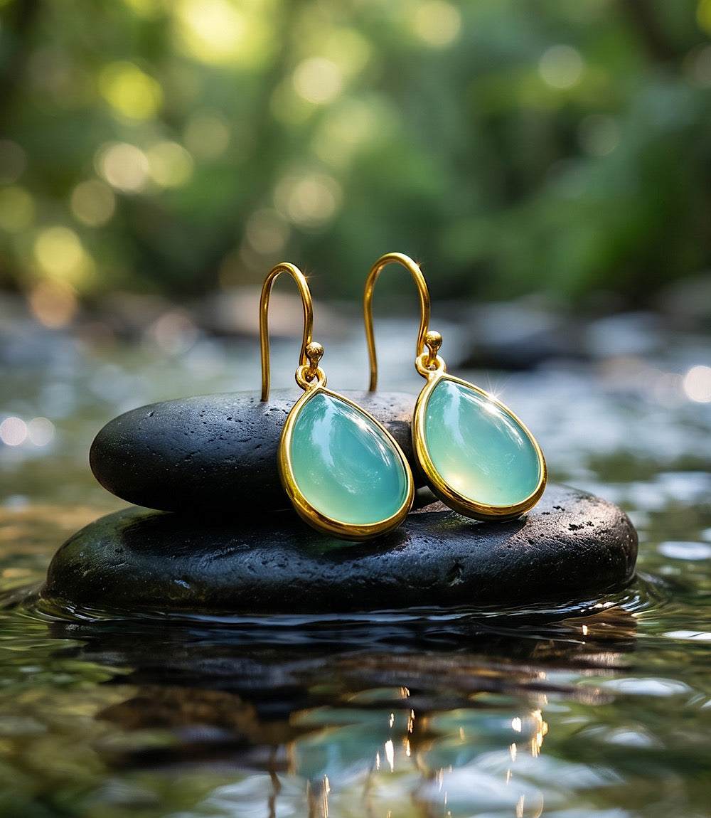 Gemstone Teardrop Earrings with aqua chalcedony and 18ct gold plating