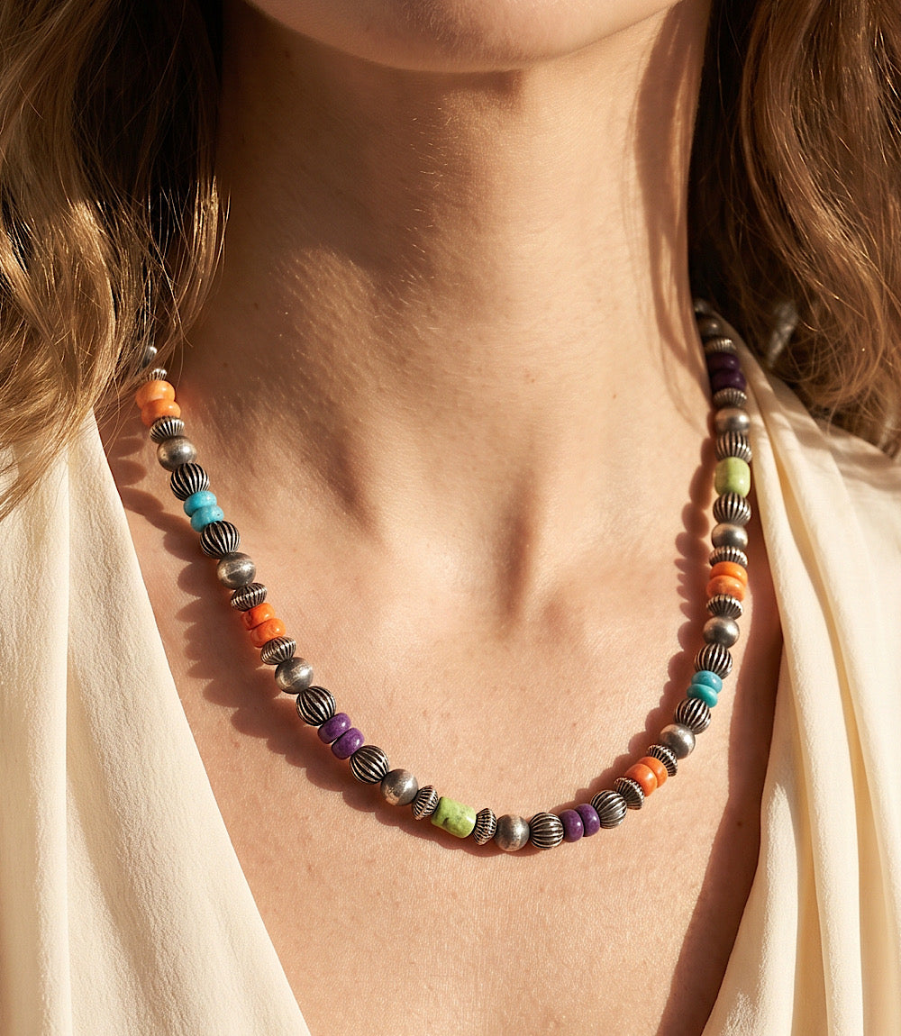 Multistone Sterling Silver Beaded Necklace with turquoise, gaspeite, coral, spiny oyster, and sugilite stones by Marilyn Paltero