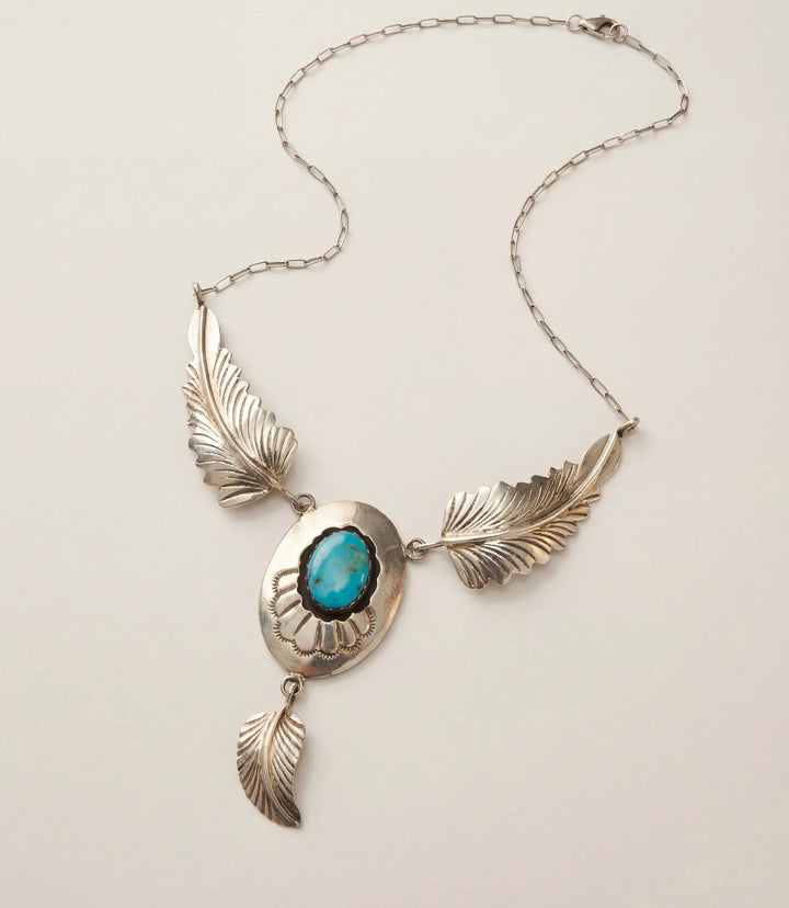 Triple Feather Vintage Turquoise Pendant Necklace