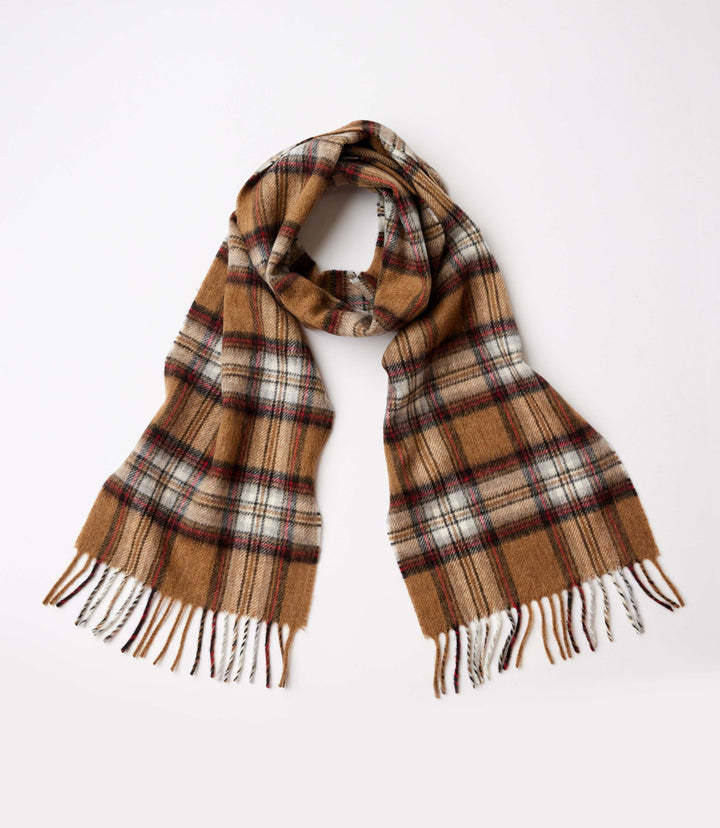 Merino wool fringed plaid scarf in warm brown tones with classic fringe detailing