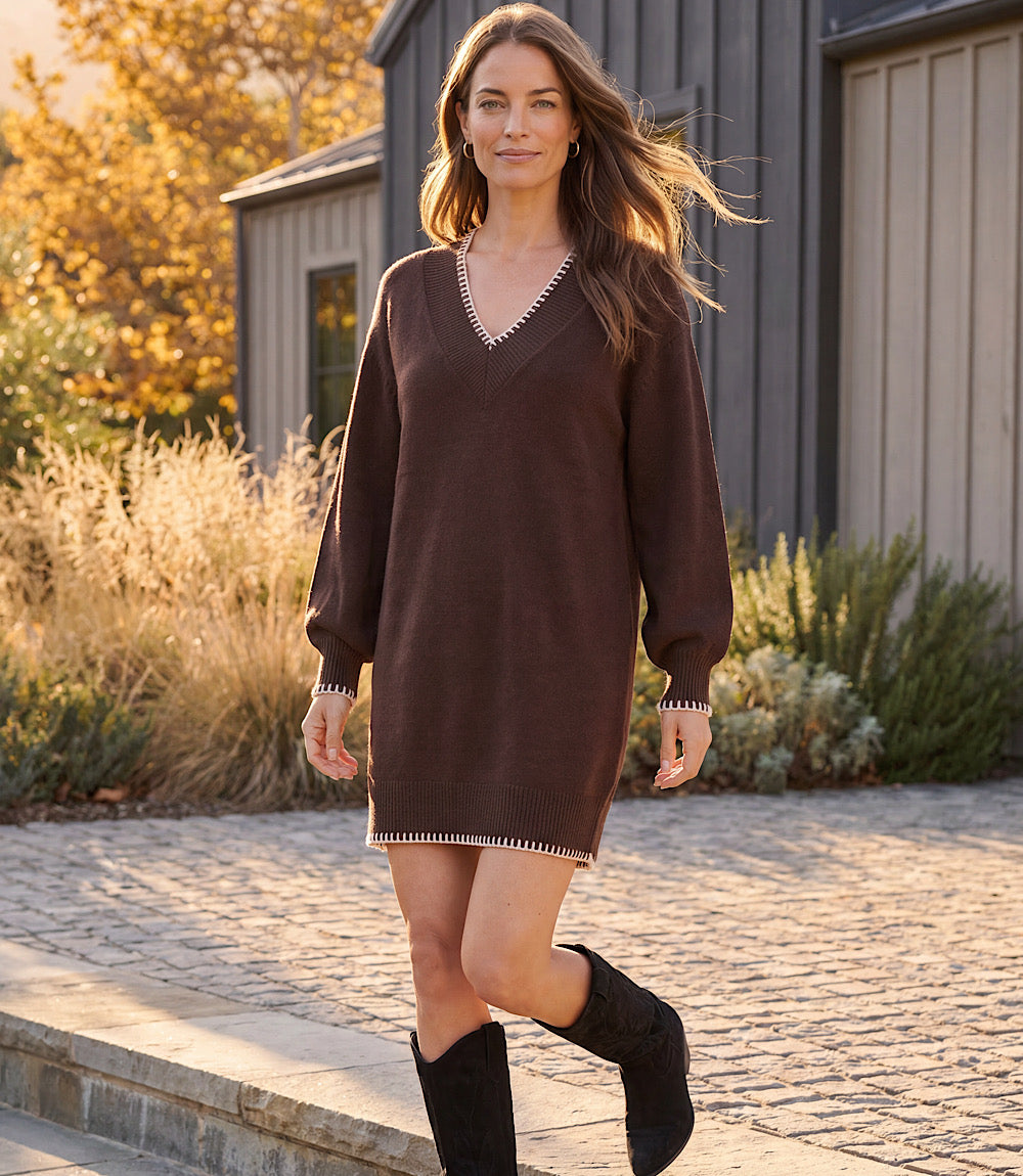 Varsity V-Neck Sweater Dress