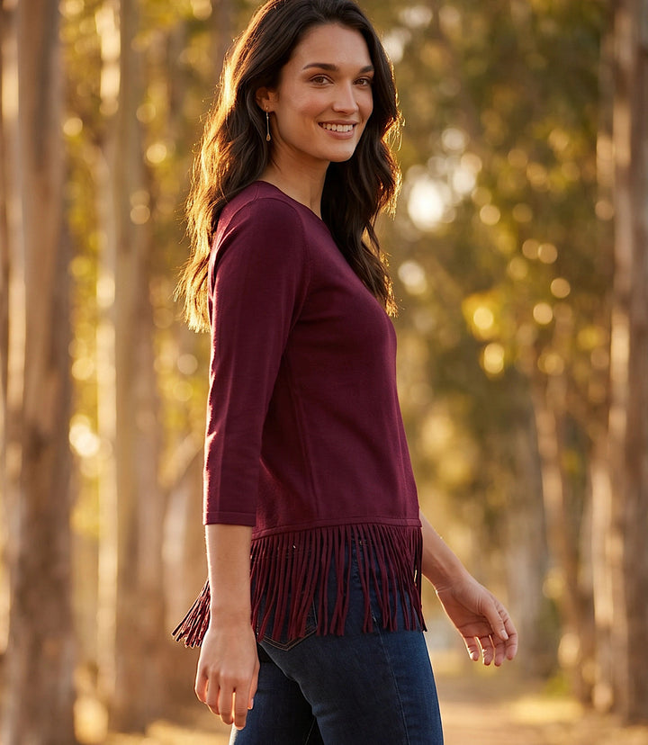 3/4 Sleeve Fringe Boatneck Top