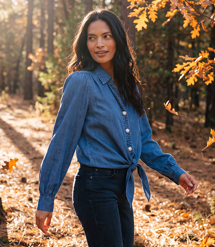 Denim Long Sleeve Tie-Front Top