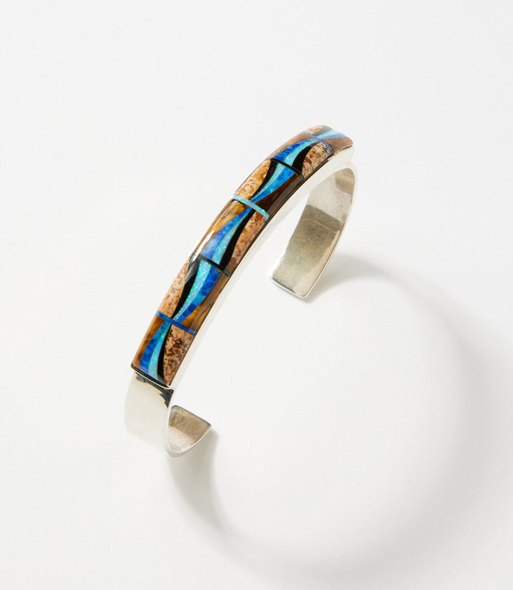 Sterling Silver Jasper And Lapis Wave Inlay Bracelet